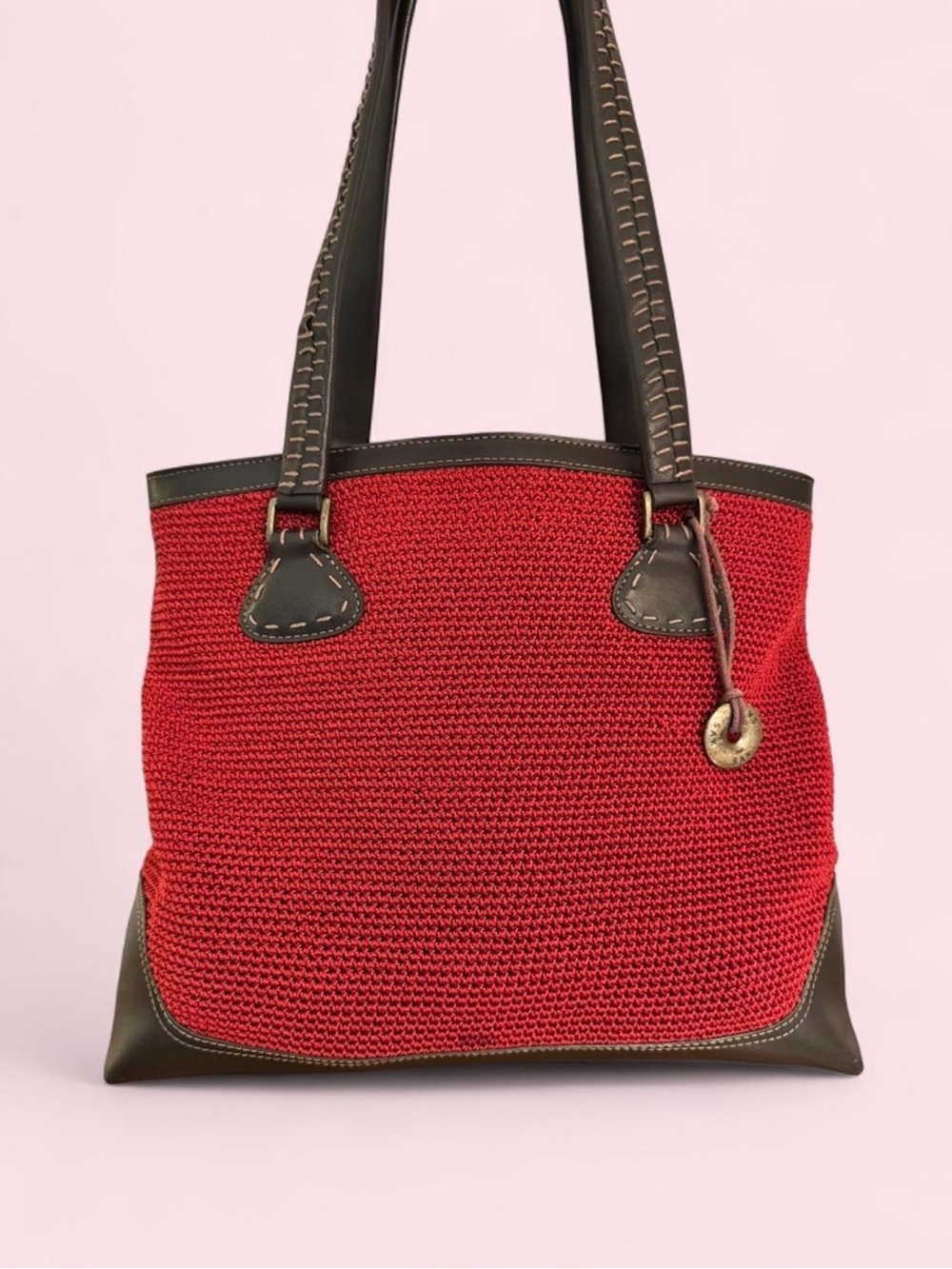 The Sak Red Knit Tote with Dark Brown Trim